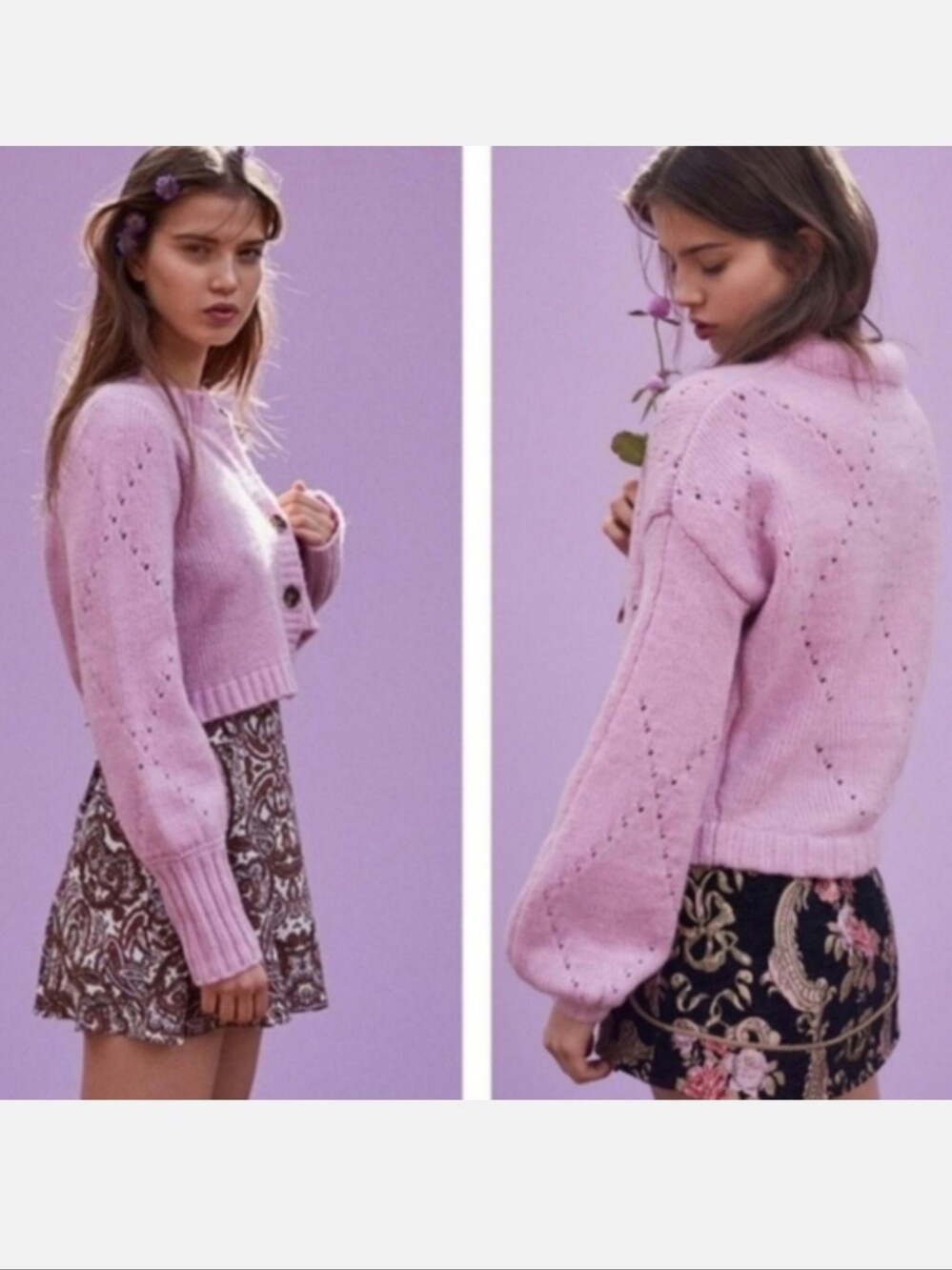 FOR LOVE AND LEMONS MIA LAVENDER POINTELLE CARDIGAN SWEATER